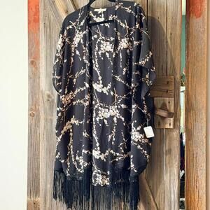 Black Floral Kimono with Fringe Detail Size Small